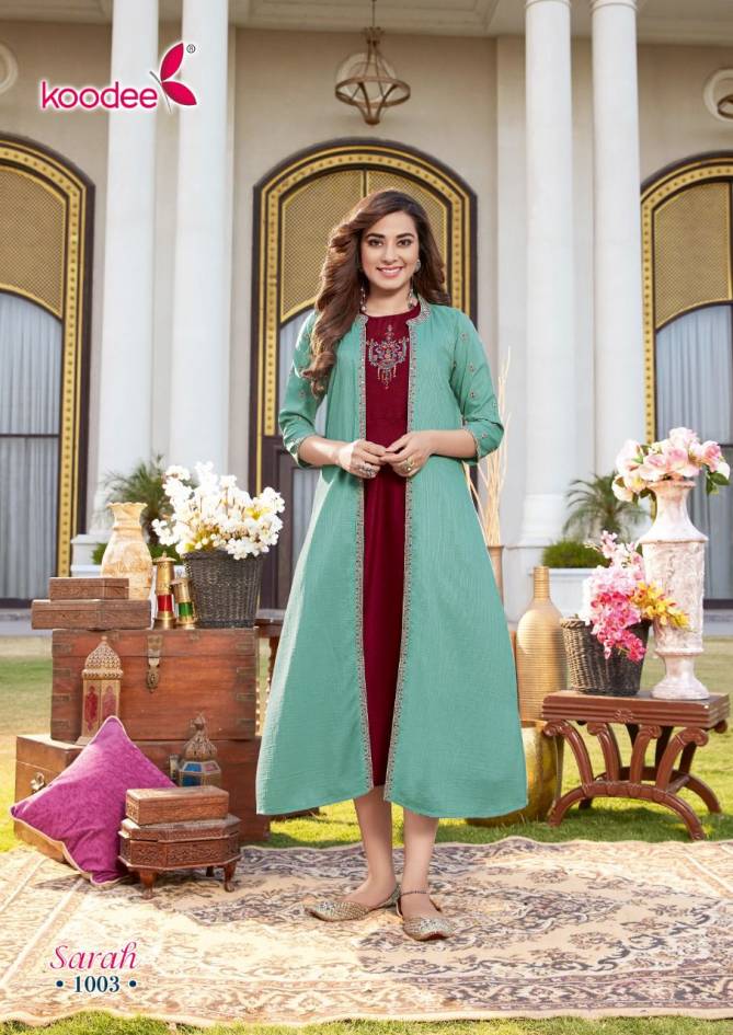 Sarah By Koodee Chinon Embroidery Shrug Designer Kurtis Wholesale Price In Surat